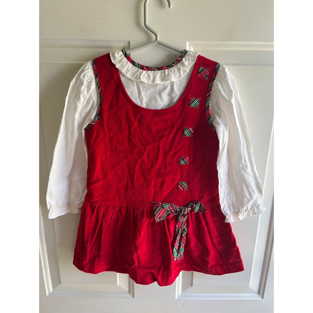 VTG Alyssa Girls 90s Red Corduroy Dress White Blouse Outfit Christmas Holiday 4T